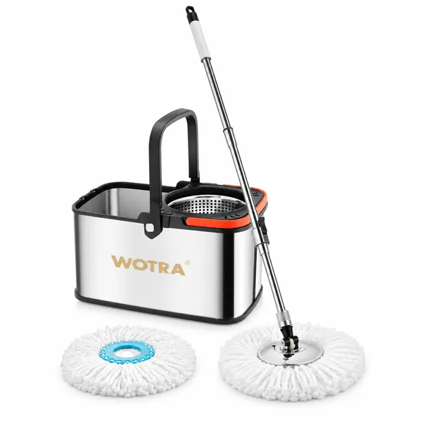 WOTRA_S350_Spin_Mop_Bucket_with_Handle_Set,_Stainless_Steel_Spinner_Bucket,_360°_Rotating_Floor_Mop_with_2_Microfiber_Refills