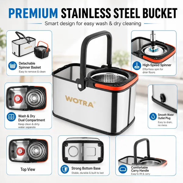 WOTRA_S350_Spin_Mop_Bucket_with_Handle_Set,_Stainless_Steel_Spinner_Bucket,_360°_Rotating_Floor_Mop_with_2_Microfiber_Refills