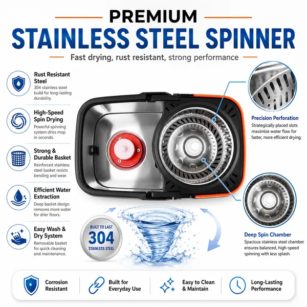 WOTRA_S350_Spin_Mop_Bucket_with_Handle_Set,_Stainless_Steel_Spinner_Bucket,_360°_Rotating_Floor_Mop_with_2_Microfiber_Refills