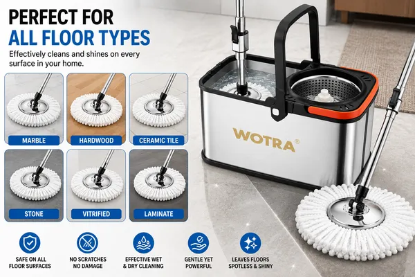 WOTRA_S350_Spin_Mop_Bucket_with_Handle_Set,_Stainless_Steel_Spinner_Bucket,_360°_Rotating_Floor_Mop_with_2_Microfiber_Refills