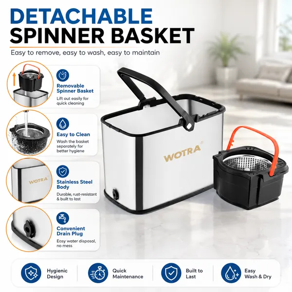 WOTRA_S350_Spin_Mop_Bucket_with_Handle_Set,_Stainless_Steel_Spinner_Bucket,_360°_Rotating_Floor_Mop_with_2_Microfiber_Refills