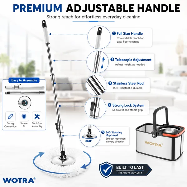 WOTRA_S350_Spin_Mop_Bucket_with_Handle_Set,_Stainless_Steel_Spinner_Bucket,_360°_Rotating_Floor_Mop_with_2_Microfiber_Refills