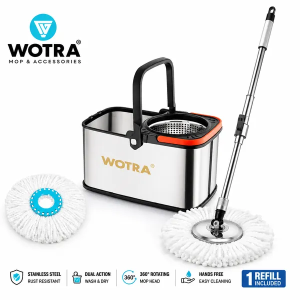 WOTRA_S350_Spin_Mop_Bucket_with_Handle_Set,_Stainless_Steel_Spinner_Bucket,_360°_Rotating_Floor_Mop_with_2_Microfiber_Refills