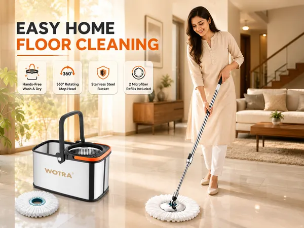 WOTRA_S350_Spin_Mop_Bucket_with_Handle_Set,_Stainless_Steel_Spinner_Bucket,_360°_Rotating_Floor_Mop_with_2_Microfiber_Refills