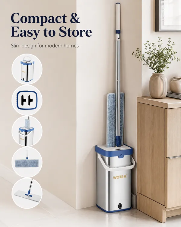 WOTRA_S345_Flat_Mop_Stainless_Steel_Bucket_Set_with_Microfiber_Refill