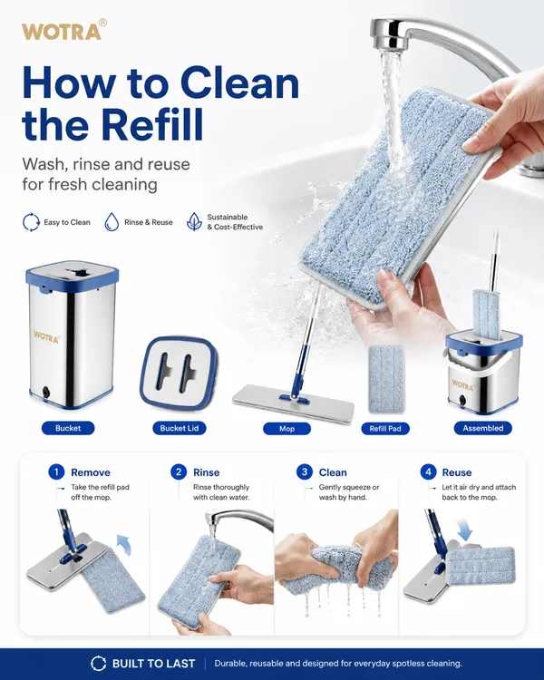 WOTRA_S345_Flat_Mop_Stainless_Steel_Bucket_Set_with_Microfiber_Refill