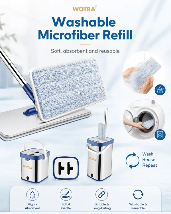 WOTRA_S345_Flat_Mop_Stainless_Steel_Bucket_Set_with_Microfiber_Refill