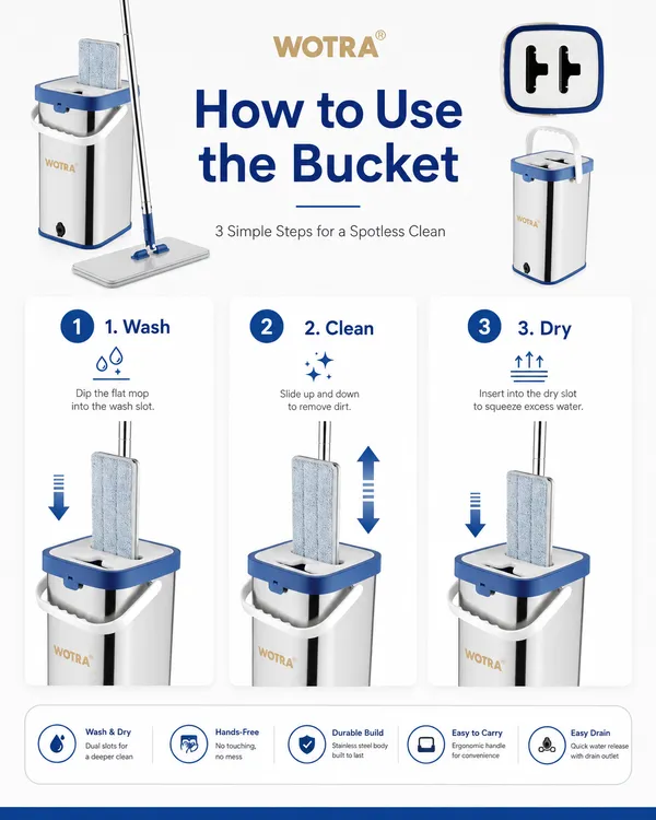 WOTRA_S345_Flat_Mop_Stainless_Steel_Bucket_Set_with_Microfiber_Refill