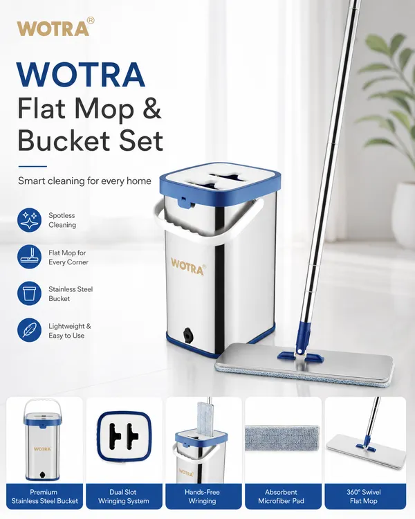 WOTRA_S345_Flat_Mop_Stainless_Steel_Bucket_Set_with_Microfiber_Refill