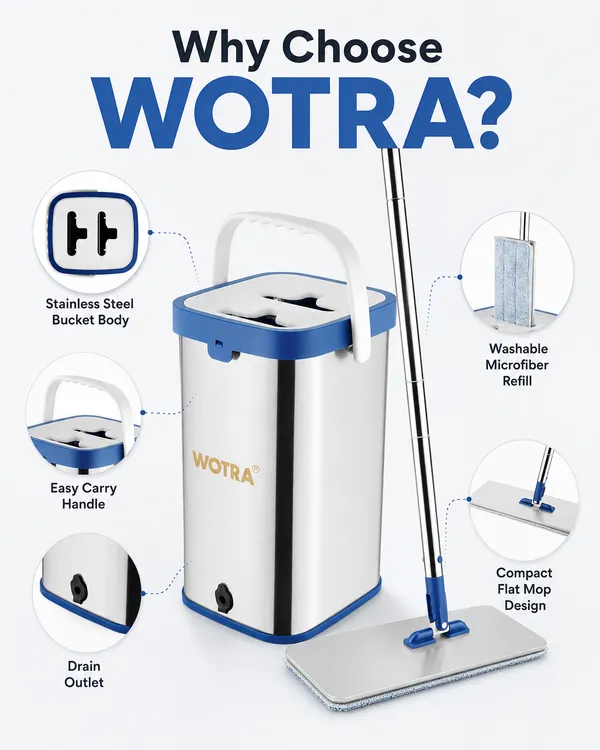WOTRA_S345_Flat_Mop_Stainless_Steel_Bucket_Set_with_Microfiber_Refill