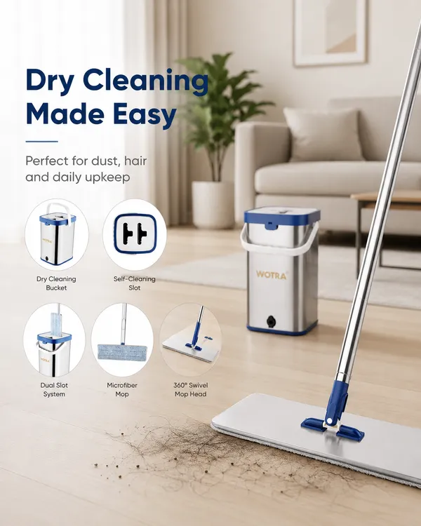 WOTRA_S345_Flat_Mop_Stainless_Steel_Bucket_Set_with_Microfiber_Refill
