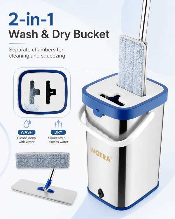 WOTRA_S345_Flat_Mop_Stainless_Steel_Bucket_Set_with_Microfiber_Refill