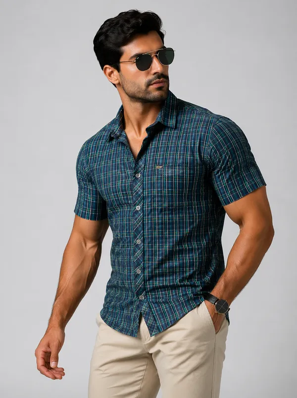 Premium_Cotton_Indigo_Olive_Green_Half_Sleeve_Shirt_�_Soft_&_Breathable