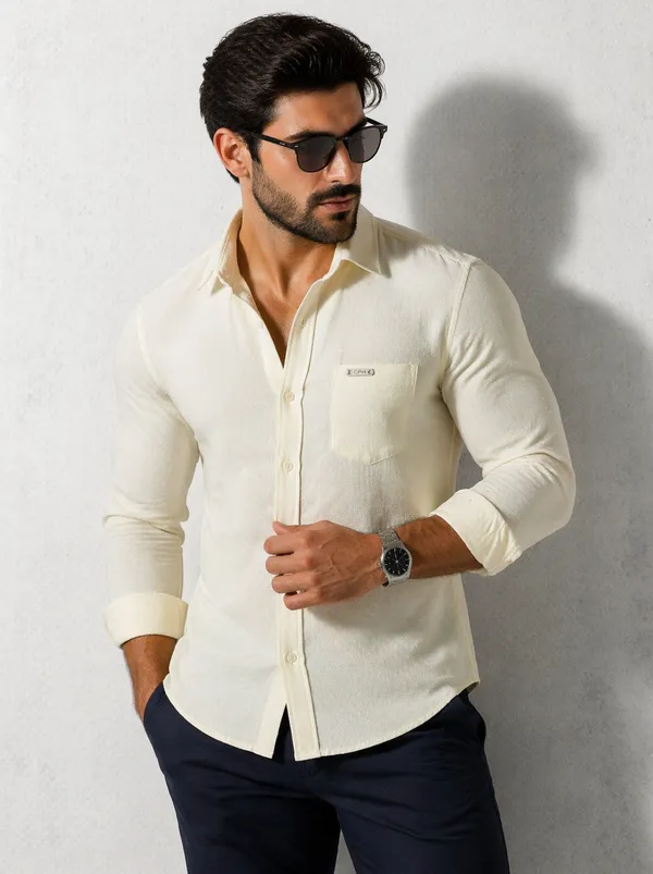 Men�s_Cream_Full_Sleeve_Shirt_|_Cotton_Blend_|_Slim_Fit_|_Casual_&_Formal_Wear
