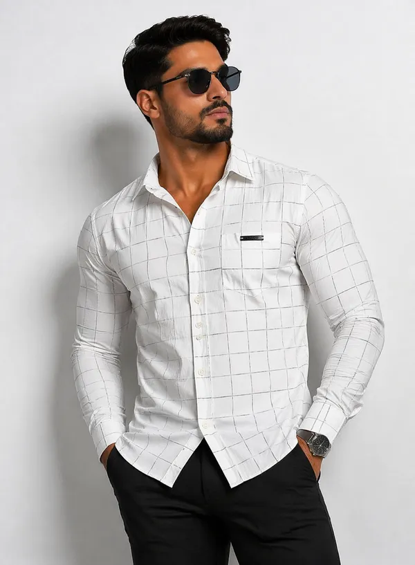 Men�s_White_Checkered_Full_Sleeve_Shirt_|_Cotton_Blend_|_Slim_Fit_|_Casual_Wear
