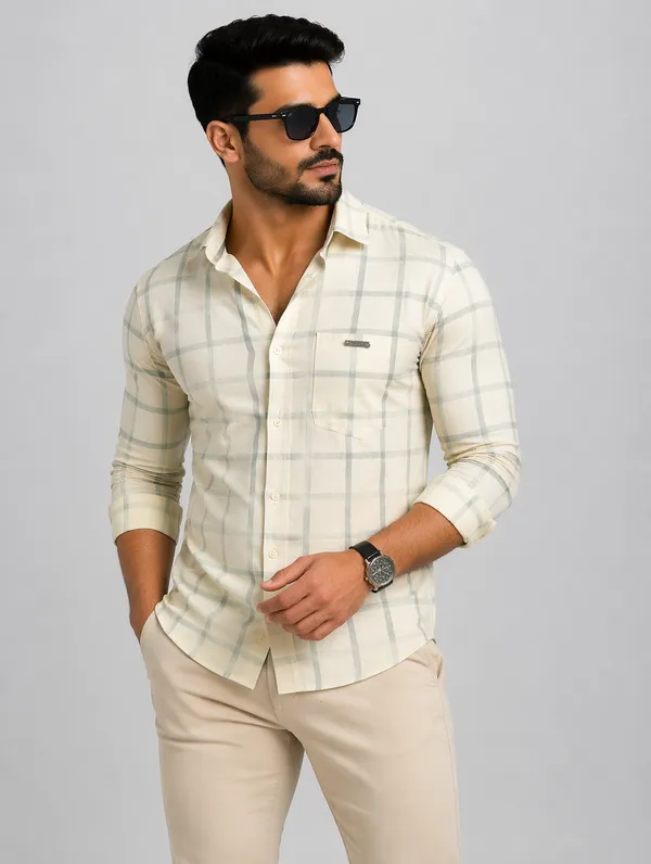 Men�s_Cream_Checkered_Full_Sleeve_Shirt_|_Cotton_Blend_|_Slim_Fit_|_Casual_Wear
