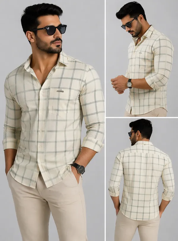 Men�s_Cream_Checkered_Full_Sleeve_Shirt_|_Cotton_Blend_|_Slim_Fit_|_Casual_Wear