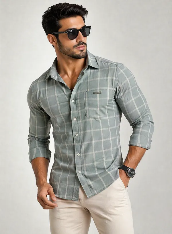Men�s_Grey_Checkered_Full_Sleeve_Shirt_|_Cotton_Blend_|_Slim_Fit_|_Casual_Wear