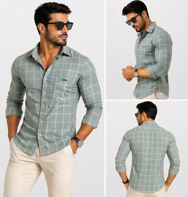 Men�s_Grey_Checkered_Full_Sleeve_Shirt_|_Cotton_Blend_|_Slim_Fit_|_Casual_Wear