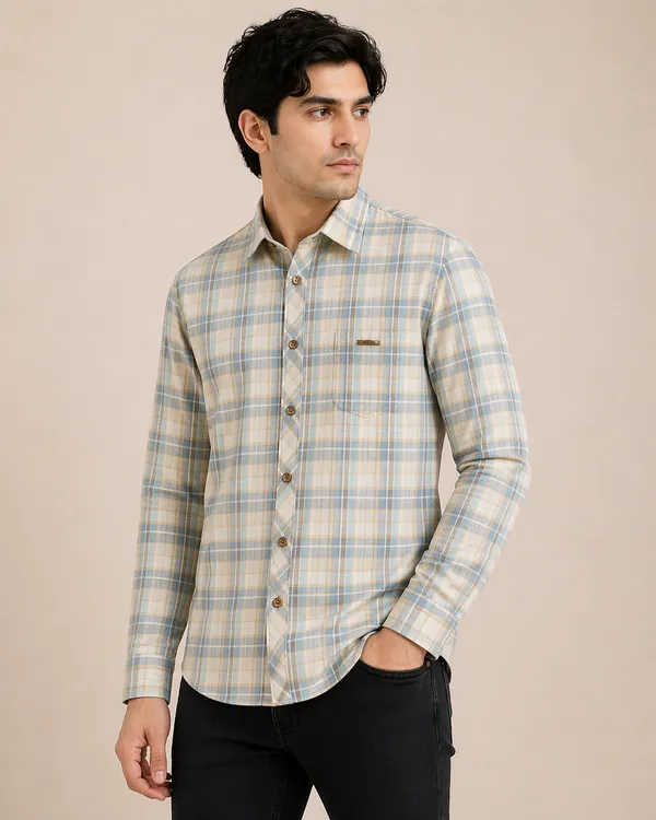 Men�s_Cream_Checkered_Full_Sleeve_Shirt_|_Multi-Color_Pattern_|_Cotton_Blend_|_Slim_Fit