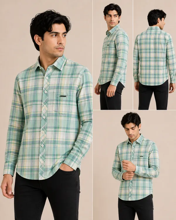 Men�s_Green_Checkered_Full_Sleeve_Shirt_|_Multi-Color_Pattern_|_Cotton_Blend_|_Slim_Fit