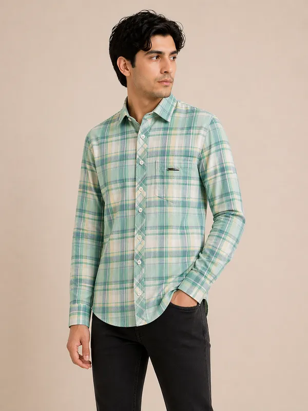 Men�s_Green_Checkered_Full_Sleeve_Shirt_|_Multi-Color_Pattern_|_Cotton_Blend_|_Slim_Fit