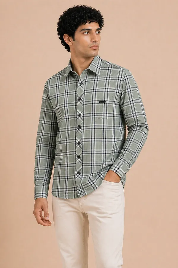 Men�s_Green_Checkered_Full_Sleeve_Shirt_|_Multi-Color_Pattern_|_Cotton_Blend_|_Slim_Fit