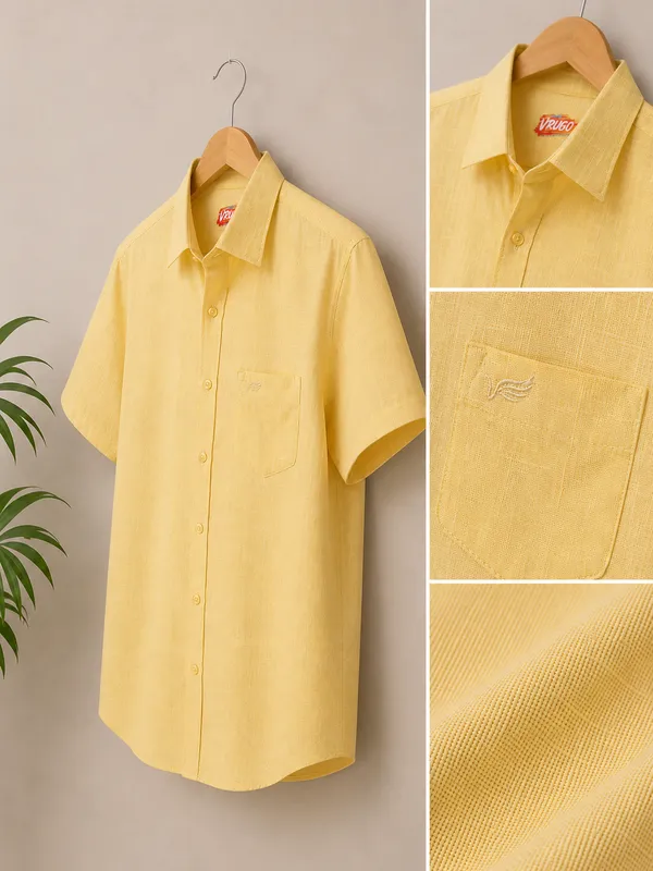 VRUGO_Men's_Pastel_Yellow_Textured_Half_Sleeve_Casual_Shirt