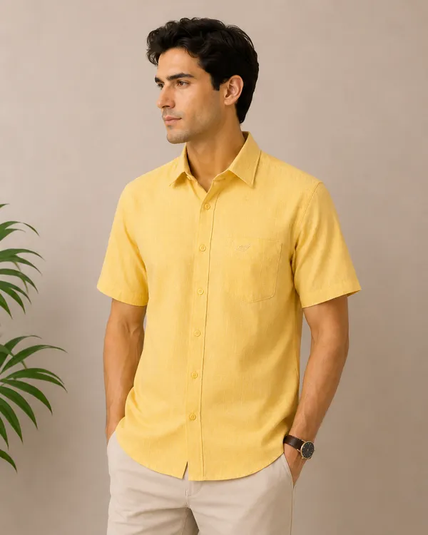 VRUGO_Men's_Pastel_Yellow_Textured_Half_Sleeve_Casual_Shirt