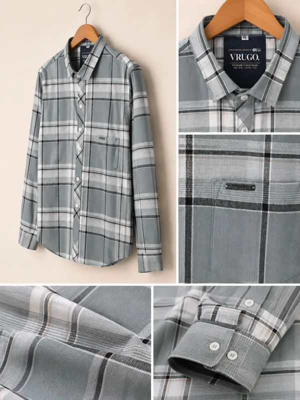 VRUGO_Men's_Light_Grey_Checked_Full_Sleeve_Premium_Casual_Shirt