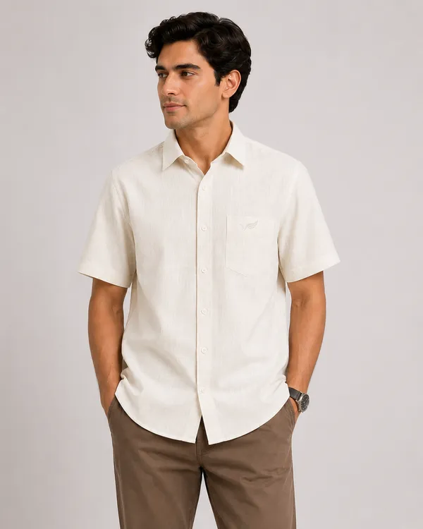 VRUGO_Men's_Cream_Textured_Half_Sleeve_Casual_Shirt