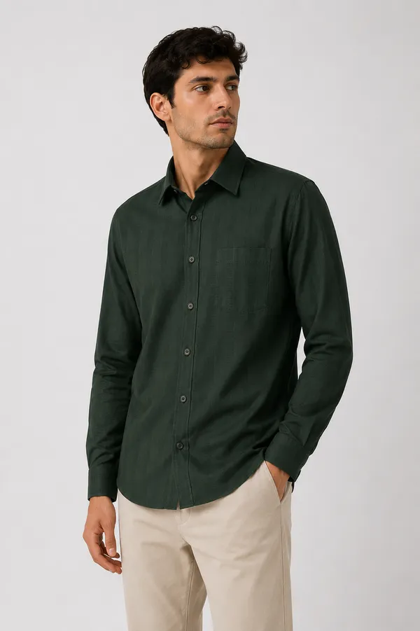 VRUGO_Men's_Olive_Green_Textured_Full_Sleeve_Shirt_|_Premium_Regular_Fit_Formal_&_Casual_Wear