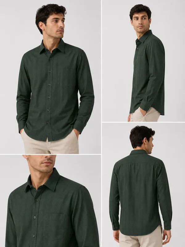 VRUGO_Men's_Olive_Green_Textured_Full_Sleeve_Shirt_|_Premium_Regular_Fit_Formal_&_Casual_Wear