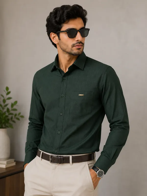 VRUGO_Men's_Olive_Green_Textured_Full_Sleeve_Formal_Shirt_|_Premium_Regular_Fit_Shirt