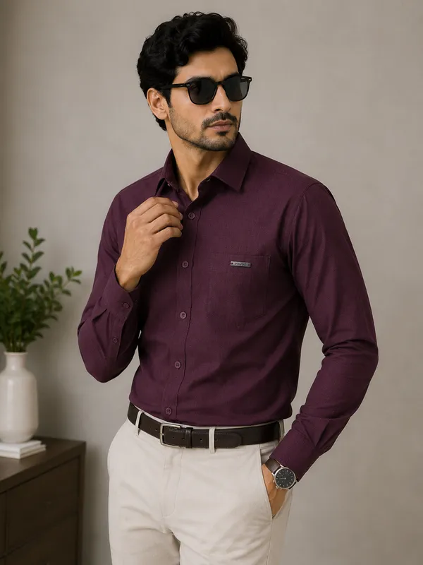 VRUGO_Men's_Maroon_Textured_Full_Sleeve_Formal_Shirt_|_Premium_Regular_Fit_Shirt
