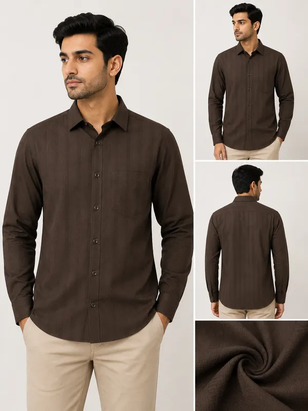 VRUGO_Men's_Dark_Brown_Textured_Full_Sleeve_Shirt_|_Premium_Regular_Fit_Formal_&_Casual_Wear