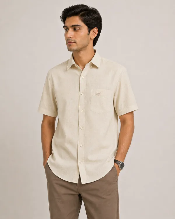 VRUGO_Men's_Beige_Textured_Half_Sleeve_Casual_Shirt