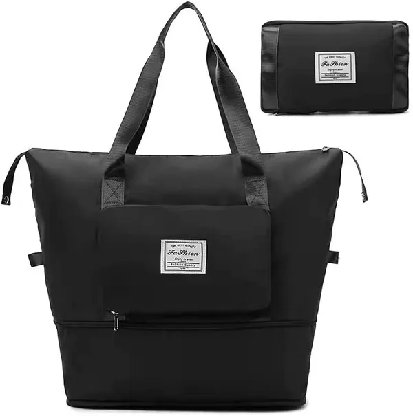 Foldable_Travel_Black_Duffle_large_Tote__bag_expandable_with_Zipper-_waterproof_imported_nylon-lycra_super_light_weight_cabin_luggage