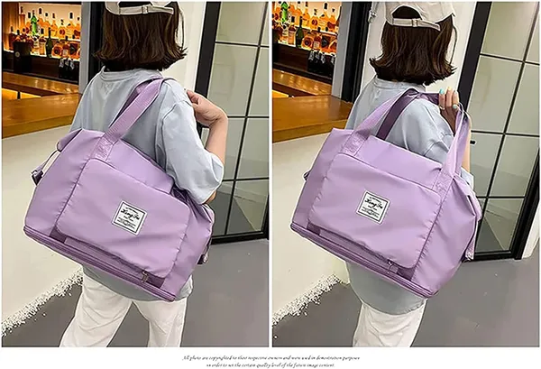 Foldable_Travel_Purple_Duffle_large_Tote__bag_expandable_with_Zipper-_waterproof_imported_nylon-lycra_super_light_weight_cabin_luggage