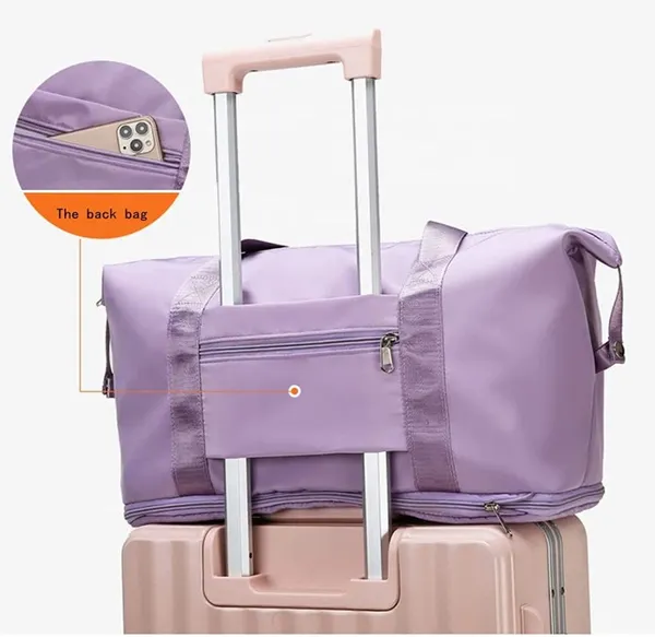 Foldable_Travel_Purple_Duffle_large_Tote__bag_expandable_with_Zipper-_waterproof_imported_nylon-lycra_super_light_weight_cabin_luggage