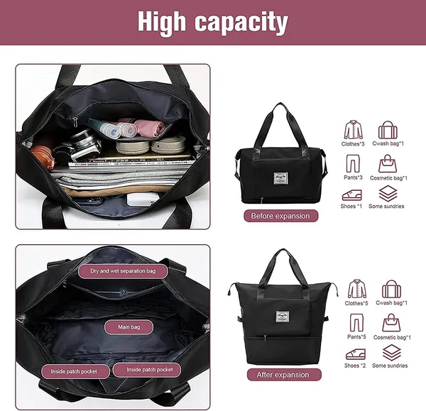 Foldable_Travel_Black_Duffle_large_Tote__bag_expandable_with_Zipper-_waterproof_imported_nylon-lycra_super_light_weight_cabin_luggage