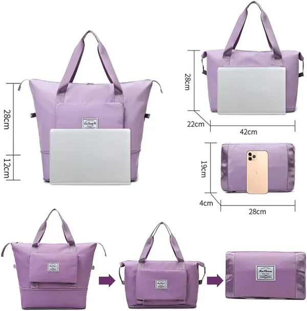 Foldable_Travel_Purple_Duffle_large_Tote__bag_expandable_with_Zipper-_waterproof_imported_nylon-lycra_super_light_weight_cabin_luggage