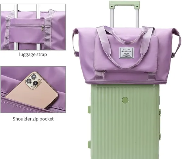 Foldable_Travel_Purple_Duffle_large_Tote__bag_expandable_with_Zipper-_waterproof_imported_nylon-lycra_super_light_weight_cabin_luggage