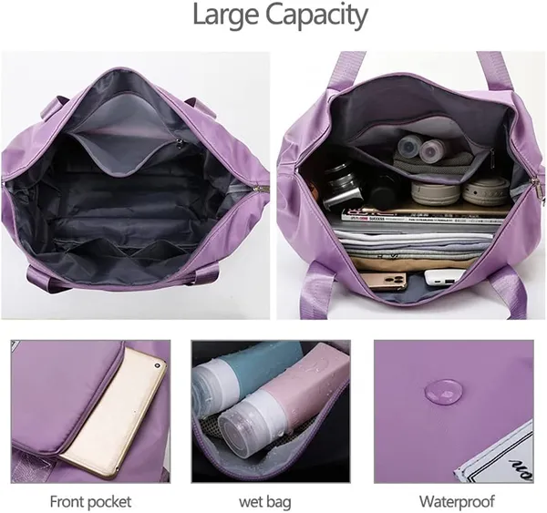 Foldable_Travel_Purple_Duffle_large_Tote__bag_expandable_with_Zipper-_waterproof_imported_nylon-lycra_super_light_weight_cabin_luggage