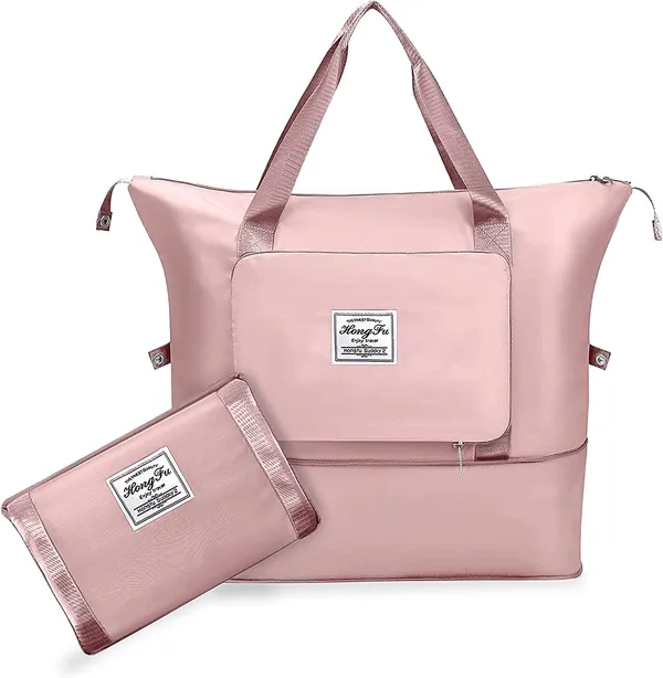 Foldable_Travel_Pink_Duffle_large_Tote__bag_expandable_with_Zipper-_waterproof_imported_nylon-lycra_super_light_weight_cabin_luggage