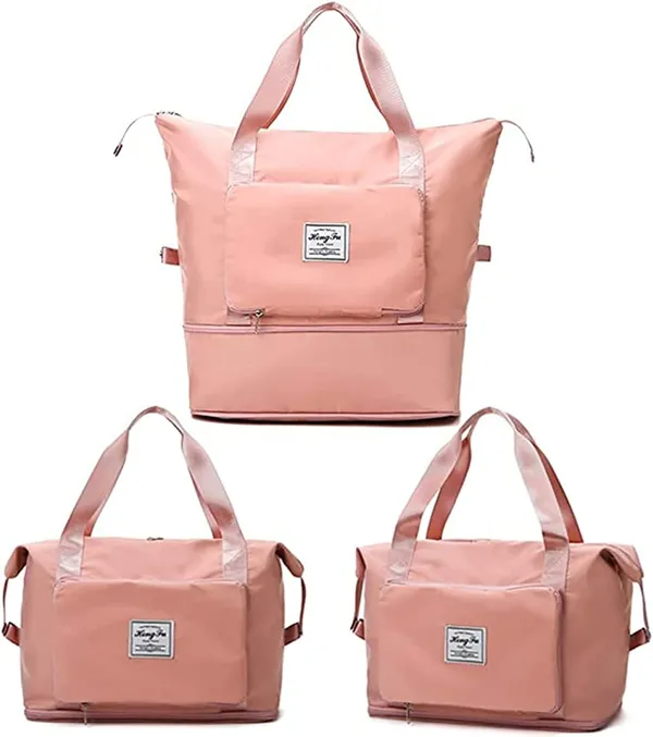 Foldable_Travel_Pink_Duffle_large_Tote__bag_expandable_with_Zipper-_waterproof_imported_nylon-lycra_super_light_weight_cabin_luggage