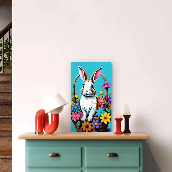 Multicolour_Easter_Bunny_Floral_Basket_Wall_Decor_Glossy_Aluminum_Metal_Photo_Print_Home_Decor