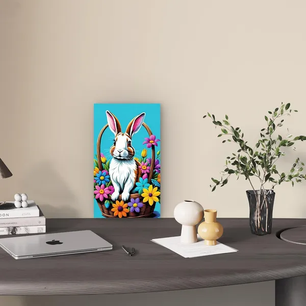 Multicolour_Easter_Bunny_Floral_Basket_Wall_Decor_Glossy_Aluminum_Metal_Photo_Print_Home_Decor