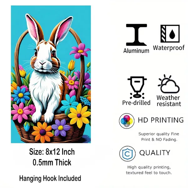 Multicolour_Easter_Bunny_Floral_Basket_Wall_Decor_Glossy_Aluminum_Metal_Photo_Print_Home_Decor