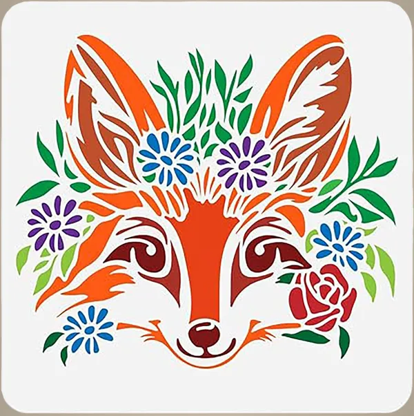 White_Fox_Head_And_Flowers_Stencil_Home_Decor